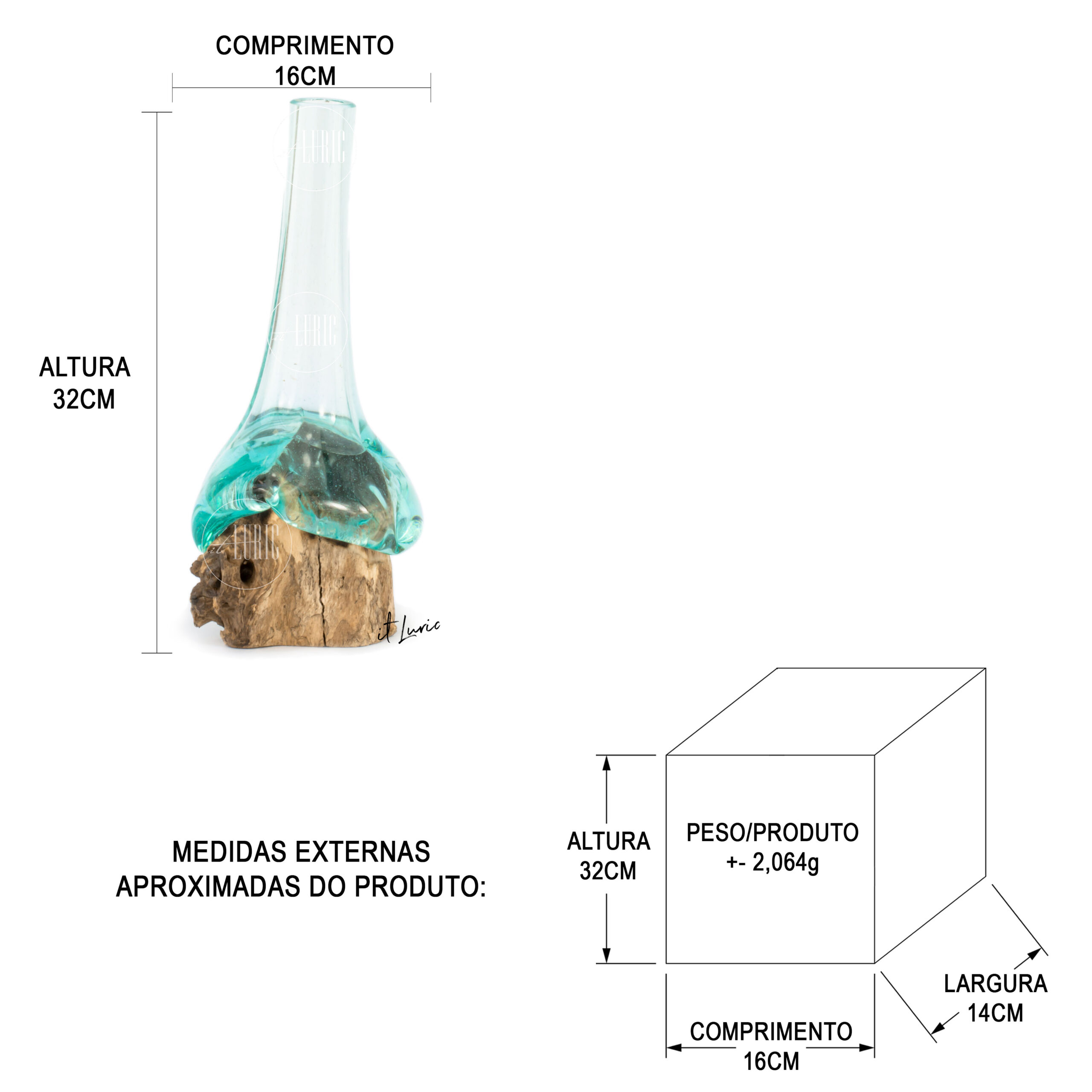 Vaso Decorativo de Vidro e Madeira Kio-C - MEDIDAS