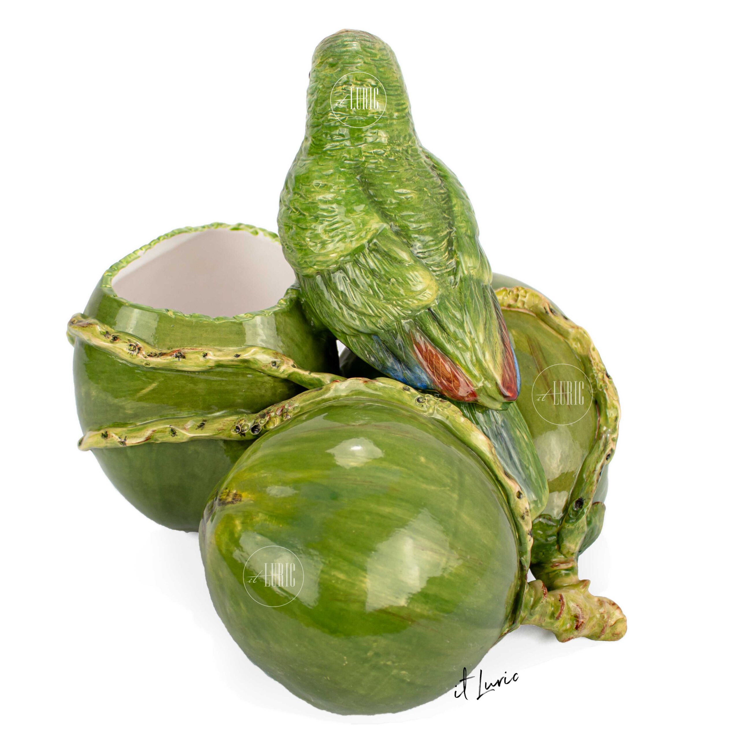 Escultura Decorativa em Faiança Papagaio e Coco (4)