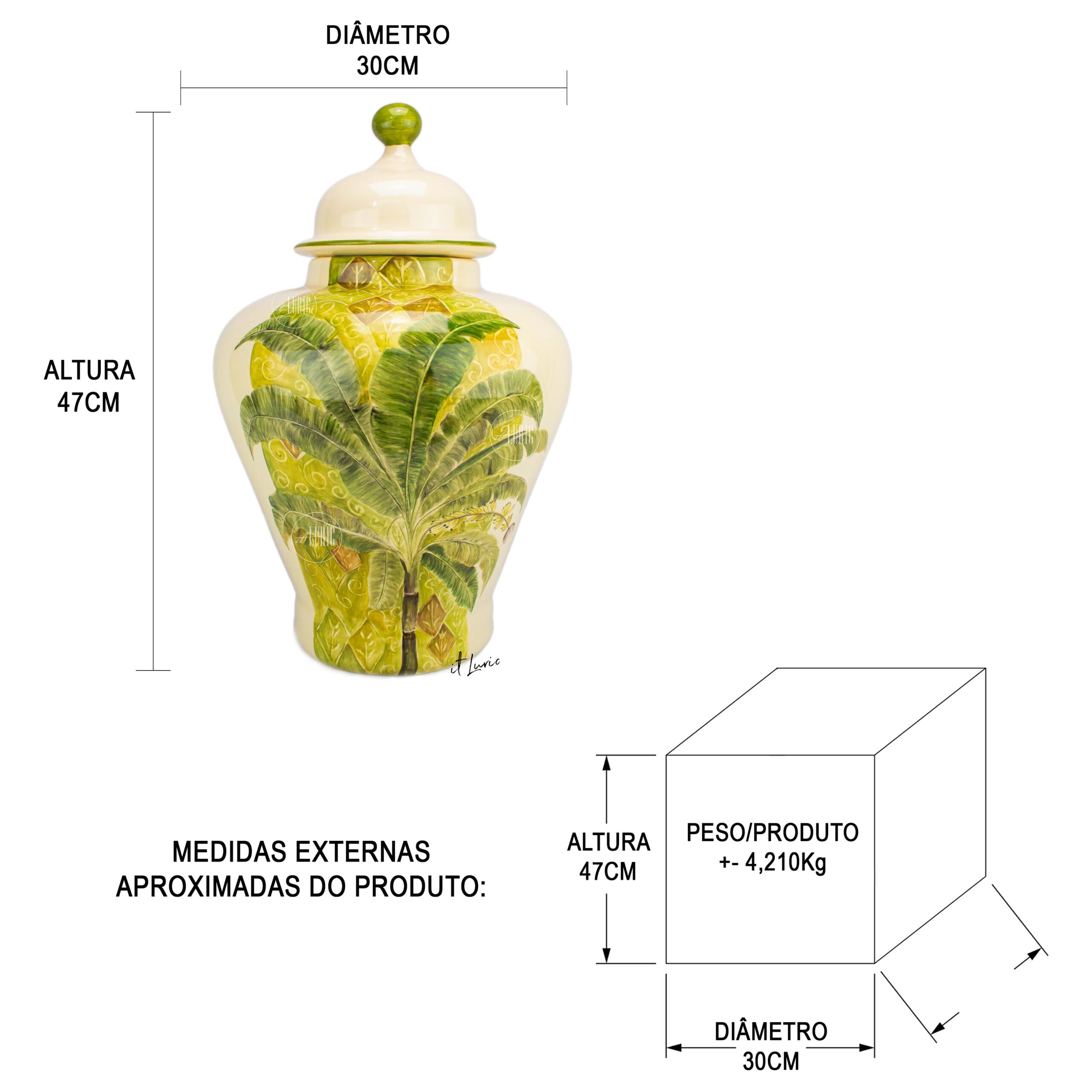 POTICHE DE CERÂMICA FAIANÇA BANANEIRAS - MEDIDAS