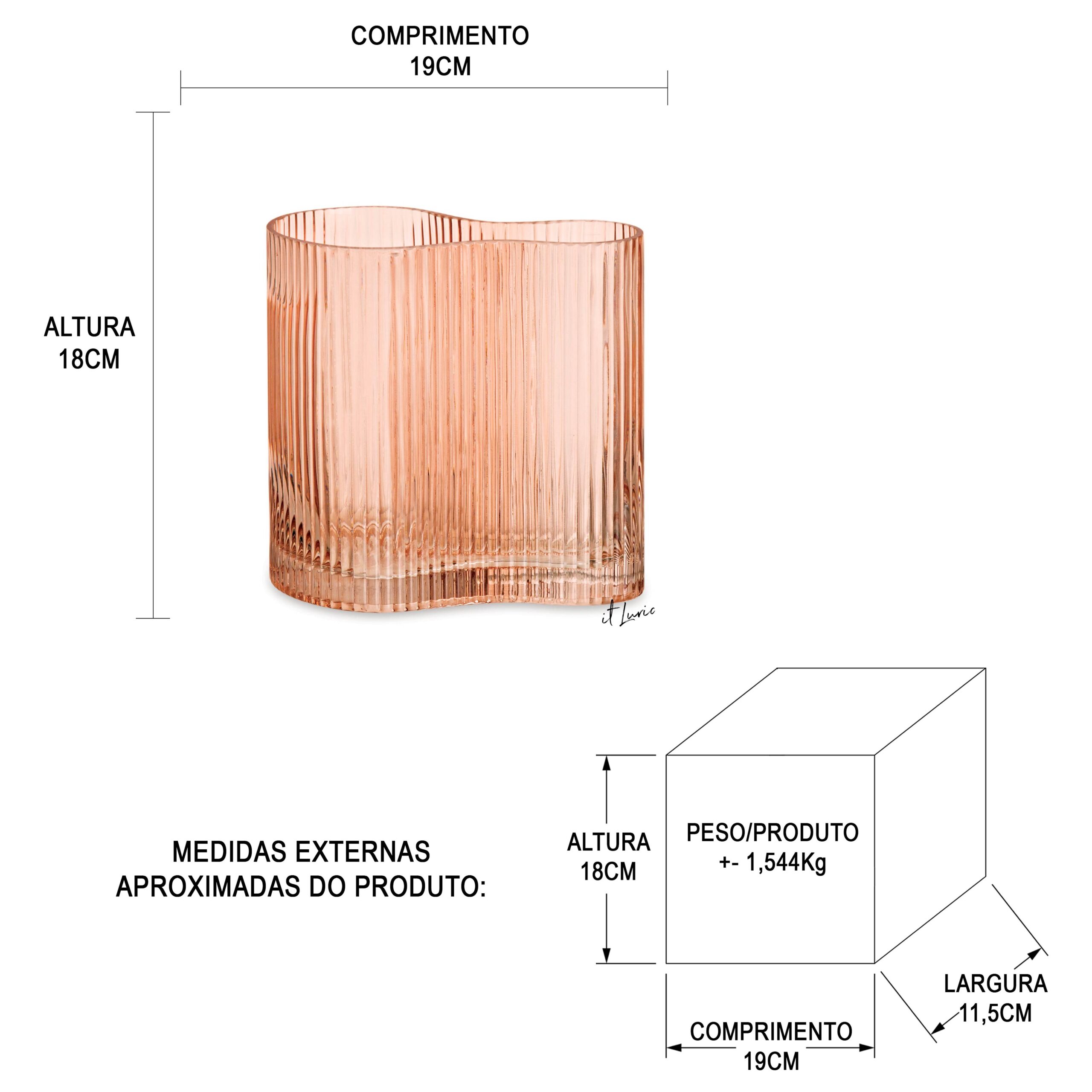 VASO DE VIDRO FRISADO ROSÊ - MEDIDAS