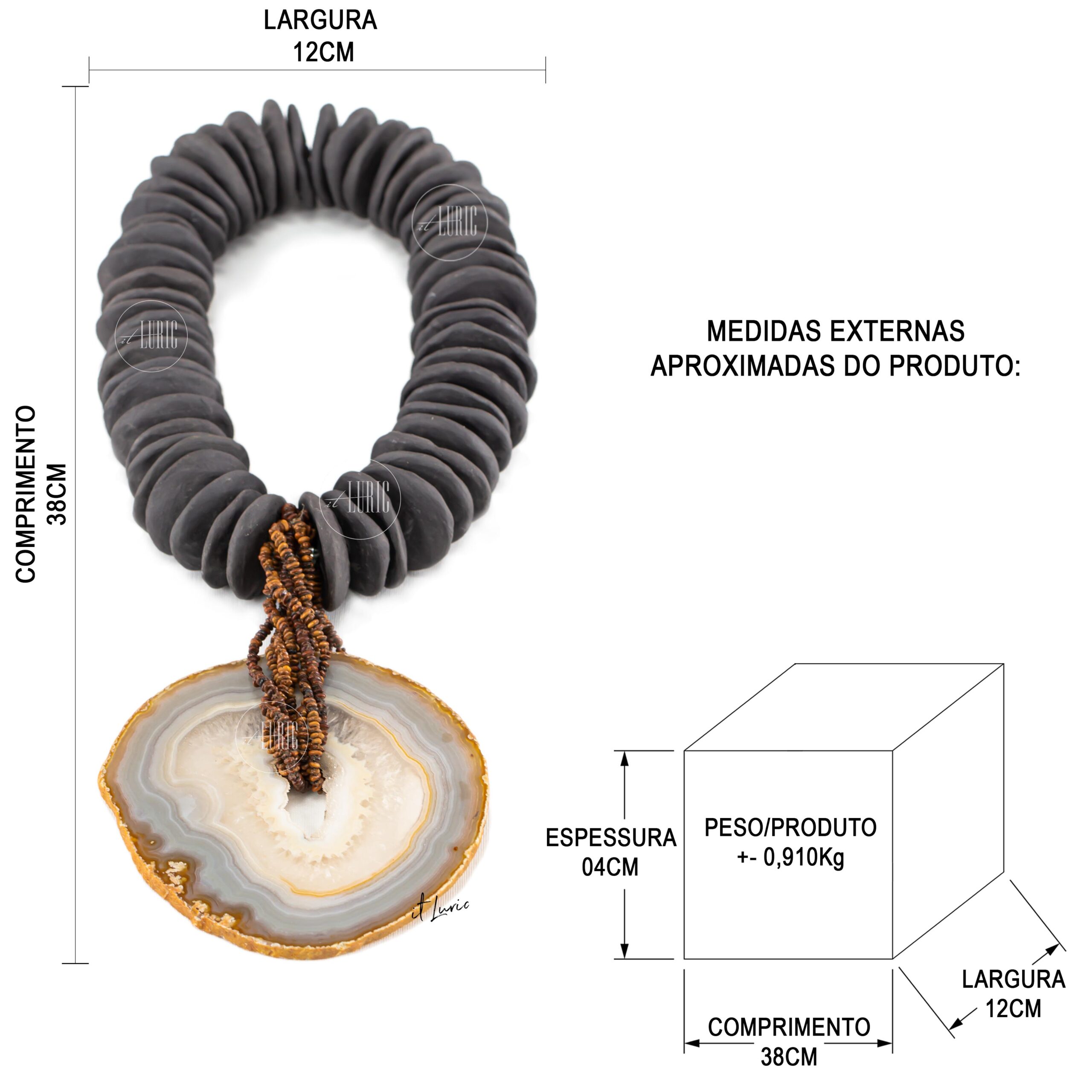 COLAR DE CERÂMICA PRETA E ÁGATA - MEDIDAS