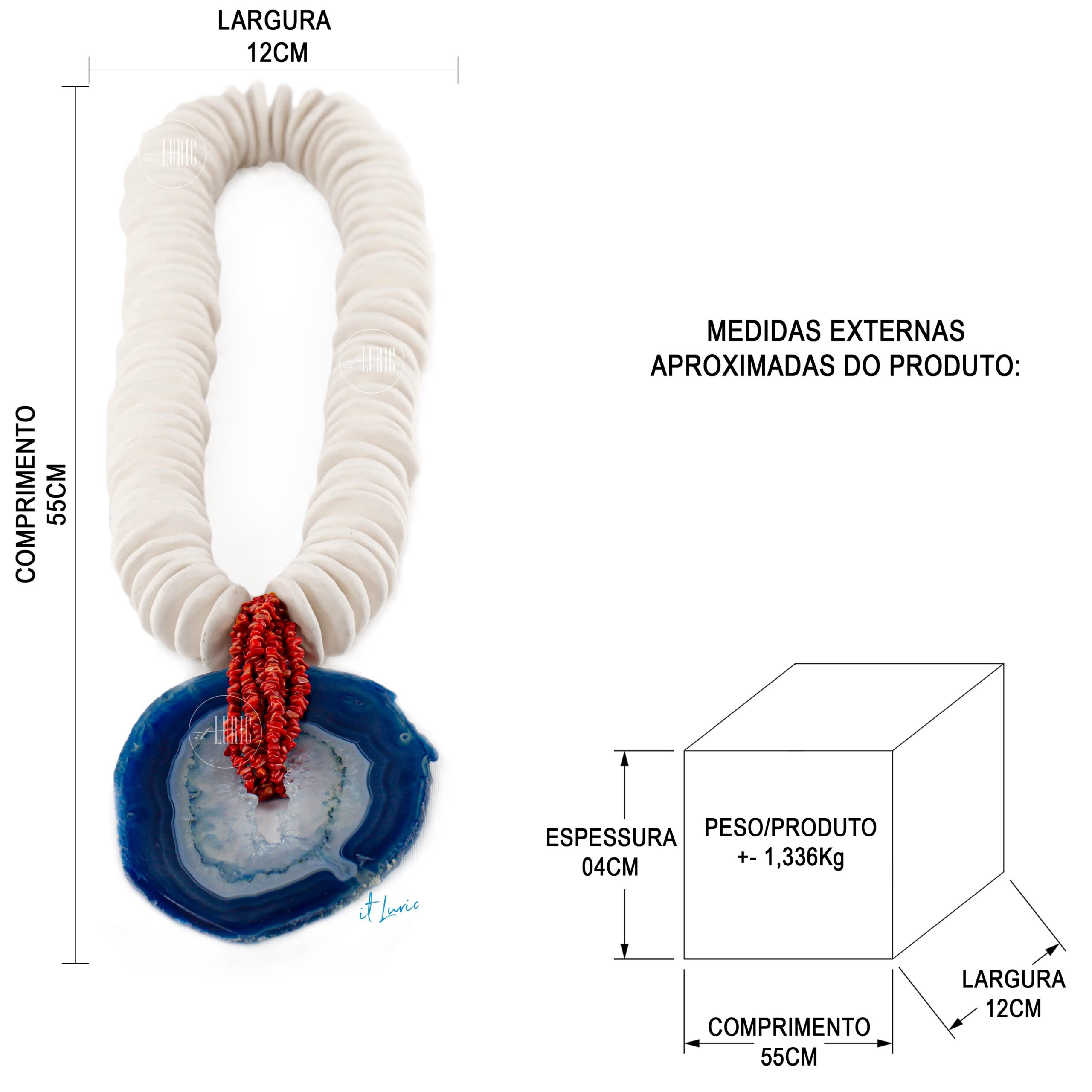 COLAR DE CERÂMICA ÁGATA AZUL E CORAIS VERMELHOS-G- MEDIDAS
