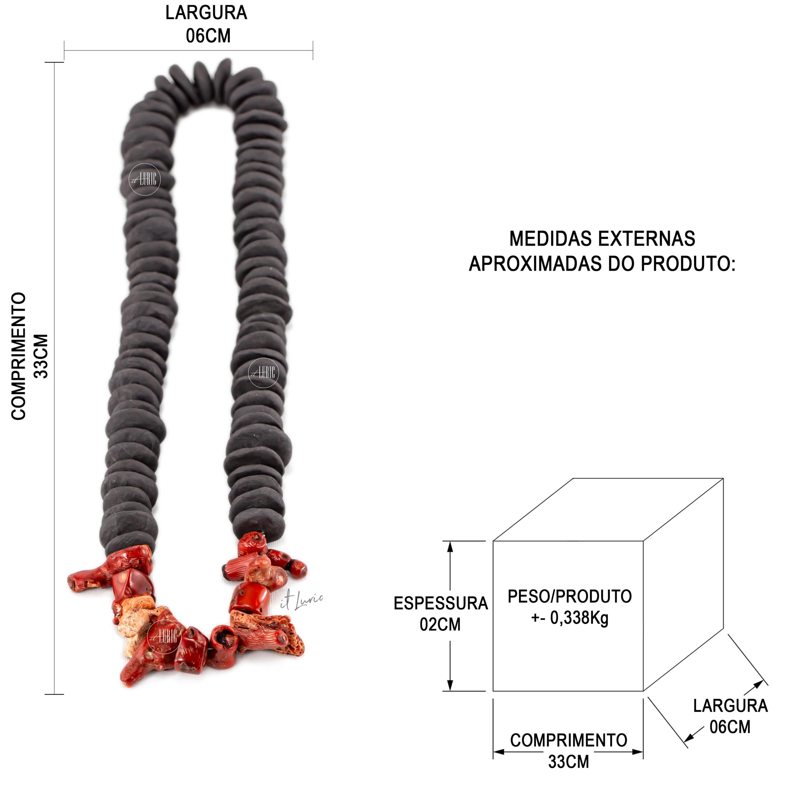 COLAR DE CORAL E CERÂMICA PRETA-P - MEDIDAS