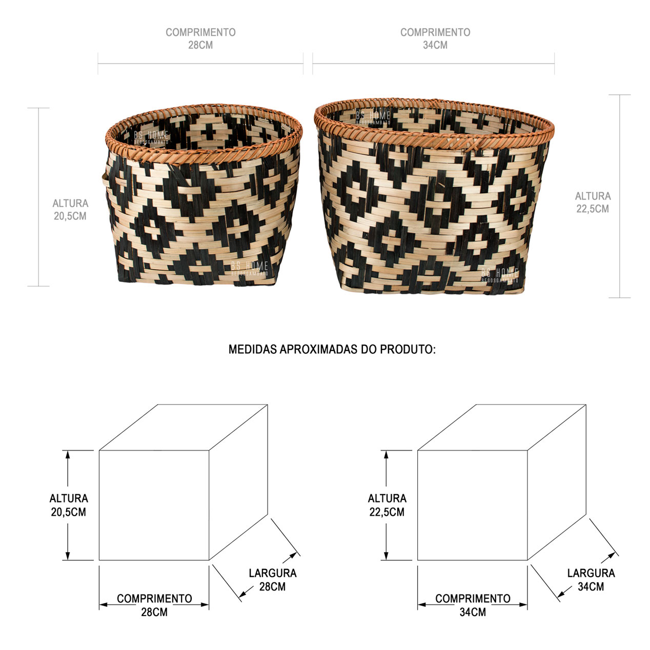 Conjunto de Cestas em Bambu Retro - MEDIDAS